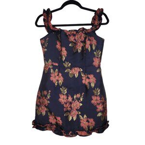 LULU'S Navy Blue Floral Jacquard Ruffled Mini Dress size small